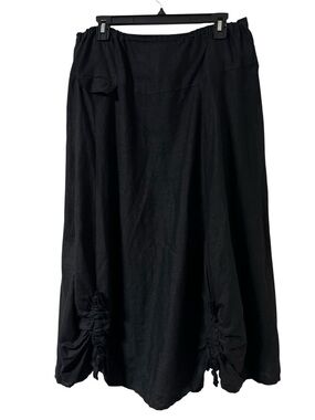 Noblu Linen Midi Skirt Women’s L Black Pull On Bohemian Lagenlook Ruching Pocket